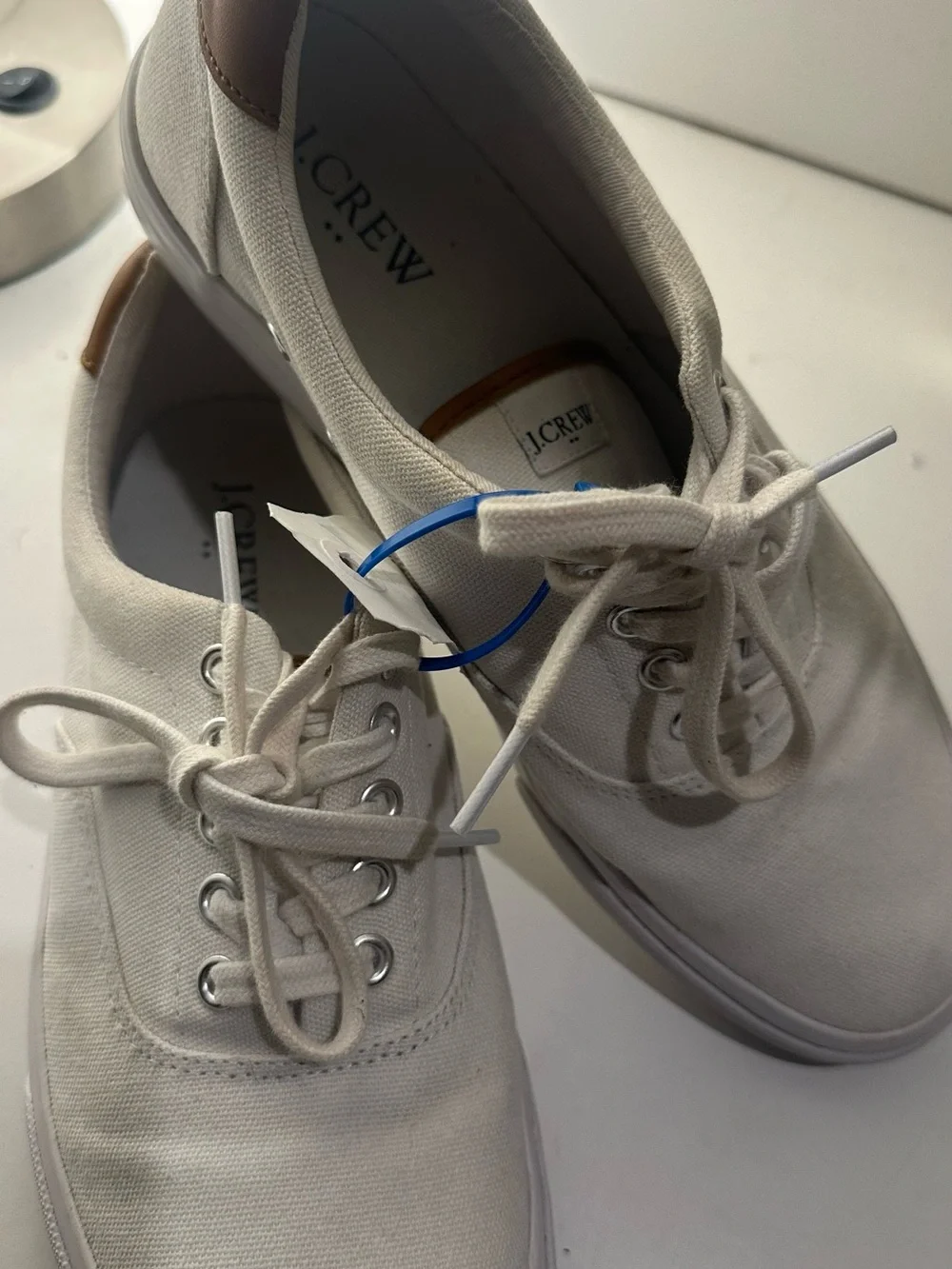 J. Crew Men's Cream Canvas Sneakers with Brown Heel Tab